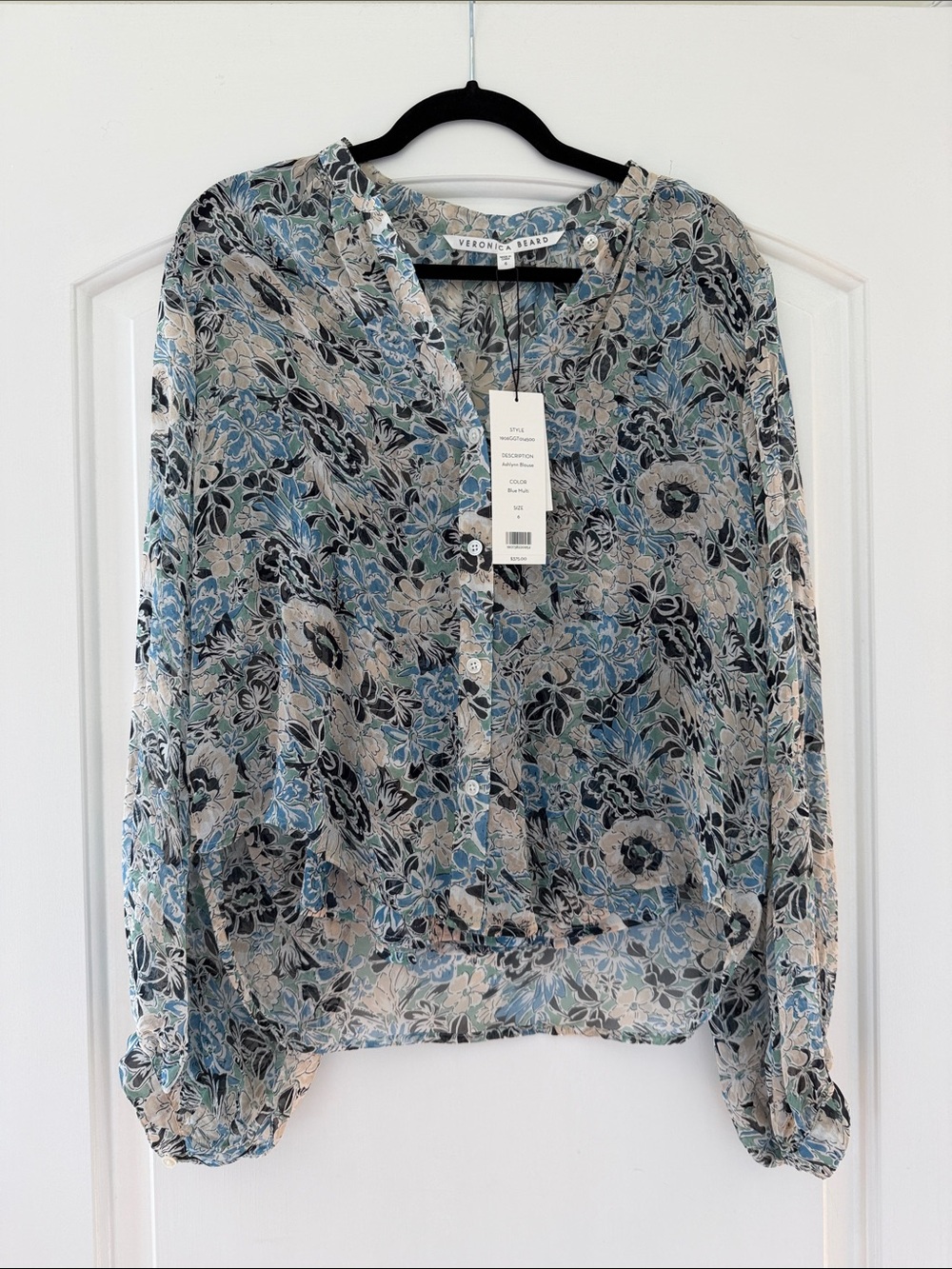 Veronica Beard Blue Cream Floral Henley Blouse